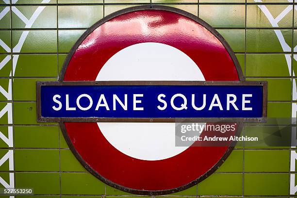 The classic roundel sign for Sloane Square underground tube station sign, London, United Kingdom. Sloane Square is a small hard-landscaped square on...