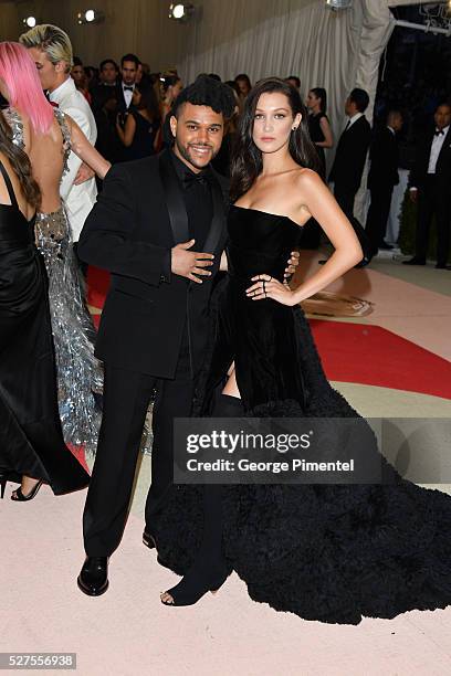 The Weeknd and Bella Hadid attends the 'Manus x Machina: Fashion in an Age of Technology' Costume Institute Gala at the Metropolitan Museum of Art on...