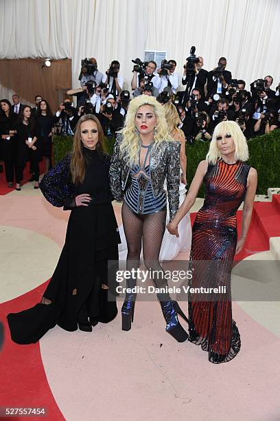 Allegra Versace, Lady Gaga and Donatella Versace attend the 'Manus x Machina: Fashion In An Age Of Technology' Costume Institute Gala at the...