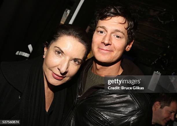 Marina Abramovic and Benjamin Walker pose backstage at the hit musical based on the cult film "American Psycho" on Broadway at The Schoenfeld Theatre...