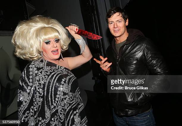 The Lady Bunny and Benjamin Walker pose backstage at the hit musical based on the cult film "American Psycho" on Broadway at The Schoenfeld Theatre...