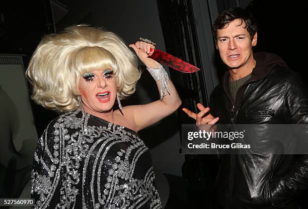 The Lady Bunny and Benjamin Walker pose backstage at the hit musical based on the cult film "American Psycho" on Broadway at The Schoenfeld Theatre...