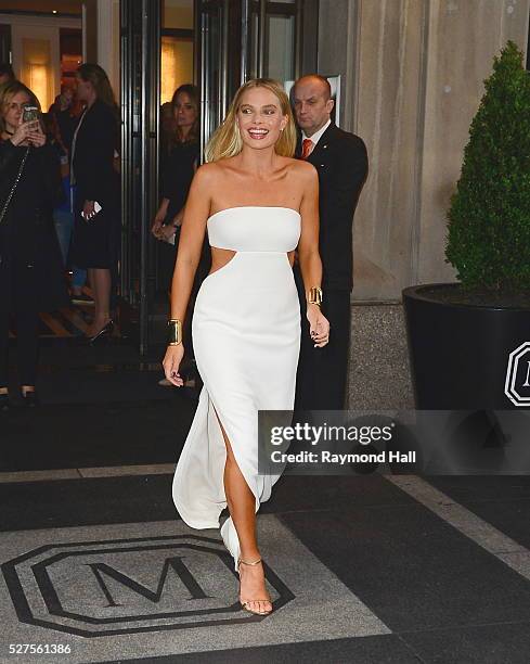 Actress Margot Robbie is seen outsie the Mark Hotel on May 2, 2016 in New York City.