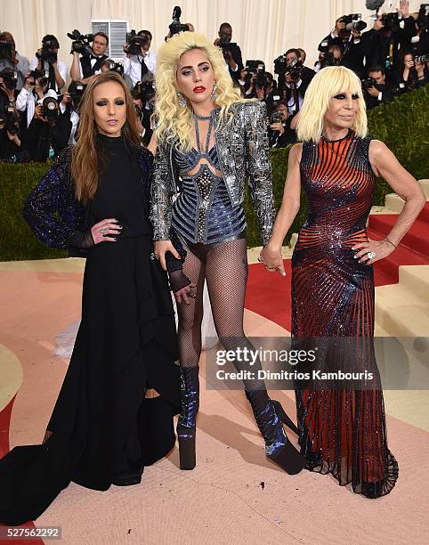 Allegra Versace Beck, Lady Gaga, and Donatella Versace attend the "Manus x Machina: Fashion In An Age Of Technology" Costume Institute Gala at...