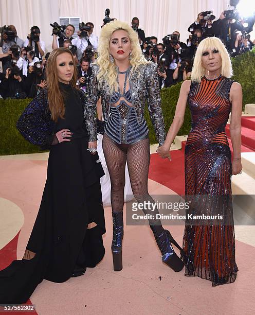 Allegra Versace Beck, Lady Gaga, and Donatella Versace attend the "Manus x Machina: Fashion In An Age Of Technology" Costume Institute Gala at...