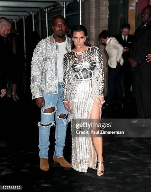 Kanye West and Kim Kardashian attend the Balmain and Olivier Rousteing after the Met Gala Celebration at The Gilded Lily on May 2, 2016 in New York...