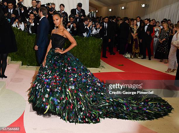 Zoe Saldana attends the 'Manus x Machina: Fashion in an Age of Technology' Costume Institute Gala at the Metropolitan Museum of Art on May 2, 2016 in...