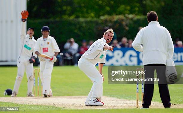Shane Warne of Hampshire appeals for lbw against Mark Downes of Shropshire during the C&G Trophy match between Shropshire and Hampshire at Whitchurch...