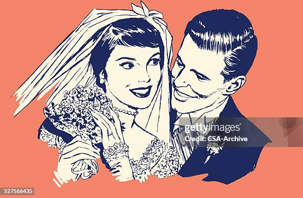 newlyweds - bunch of flowers stock illustrations