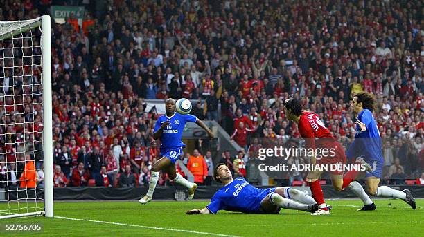 United Kingdom: Sequence 3 of 7 - Liverpool's Luis Garcia watches his shot at goal as Chelsea's John Terry , William Gallas and Ricardo Carvalho look...