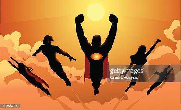 flying team von superhelden-silhouette - kleidung geordnet stock-grafiken, -clipart, -cartoons und -symbole