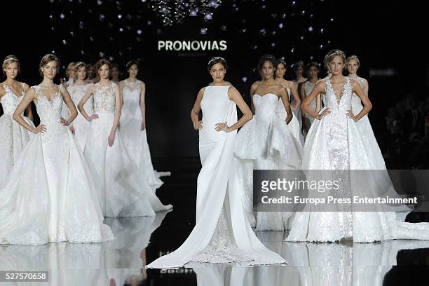 Irina Shayk walks the runway for Pronovias bridal collection during the 'Barcelona Bridal Fashion Week 2016' at Italian Pavilion of Fira Barcelona on...