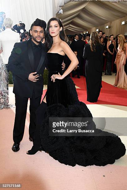The Weeknd and Bella Hadid attend the "Manus x Machina: Fashion In An Age Of Technology" Costume Institute Gala at Metropolitan Museum of Art on May...