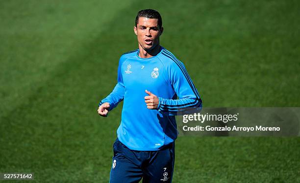 Cristiano Ronaldo of Real Madrid warms up during a training session ahead of the UEFA Champions League Semi Final Second Leg between Real Madrid and...