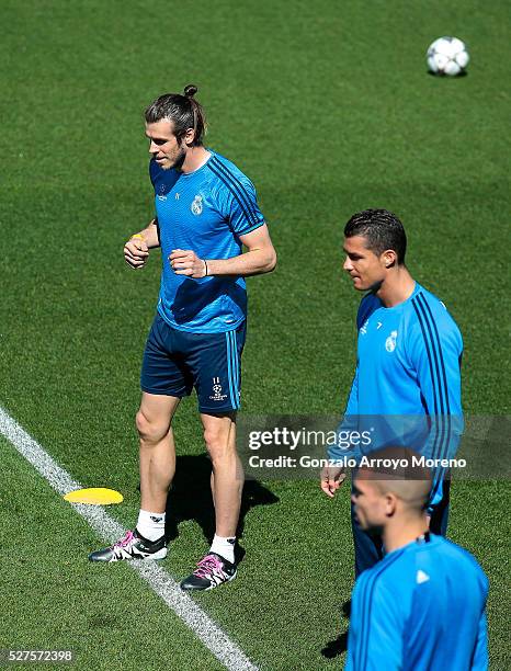 Gareth Bale of Real Madrid looks on during a training session ahead of the UEFA Champions League Semi Final Second Leg between Real Madrid and...