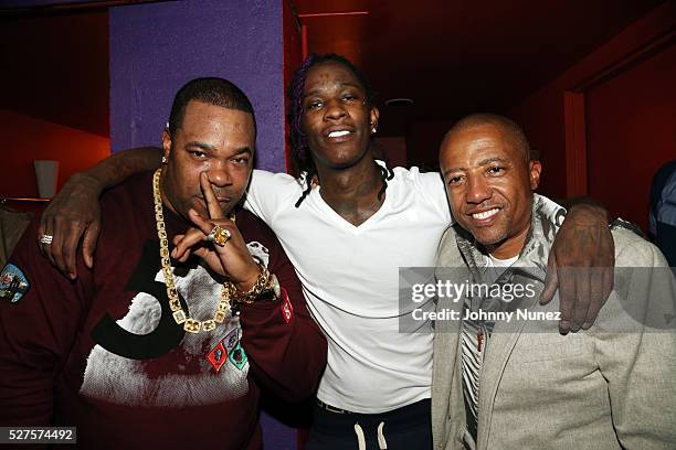 Busta Rhymes, Young Thug, and Kevin Liles backstage at PlayStation Theater on May 2, 2016 in New York City.