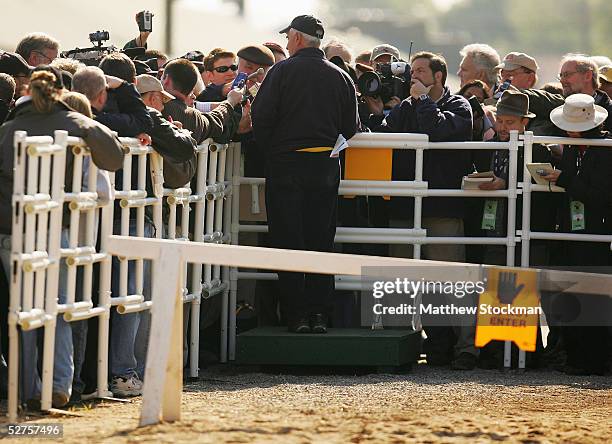 Trainer Nick Zito fields questions from the news media during morning workouts May 4, 2005 in preparation for the 131st Kentucky Derby at Churchill...