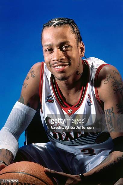 Allen Iverson of the Philadelphia 76ers poses for a portrait during All-Star Media Day on February 2001 in Washington, D.C. NOTE TO USER: User...