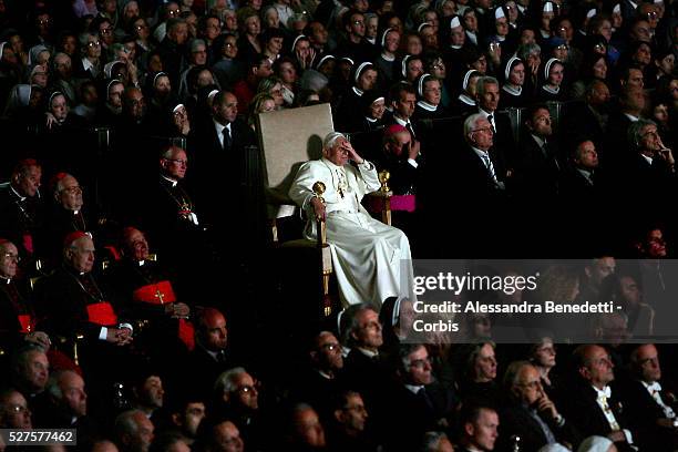 Pope Benedict XVI watches the movie "Karol, un uomo divenuto papa" , in memory of the late Pope, John Paul II, in the Paul VI Hall at the Vatican.