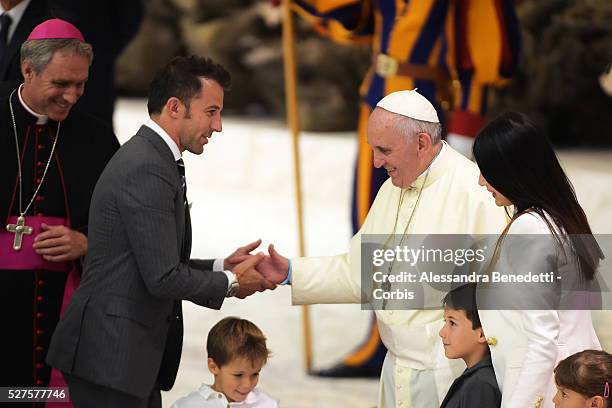 Javier Zanetti meets Pope Francis during an audience with the players of the 'Partita Interreligiosa Della Pace' at Paul VI Hall on September 1, 2014...