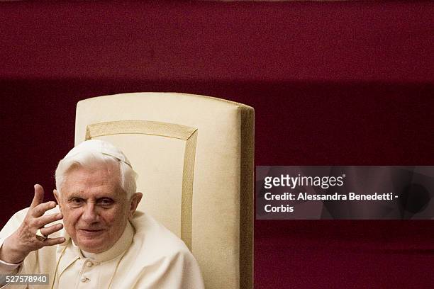 Pope Benedict XVI attends his general weekly audience at the Paul VI Audience Hall, or Nervi Hall. The Vatican State is currently celebrating the...