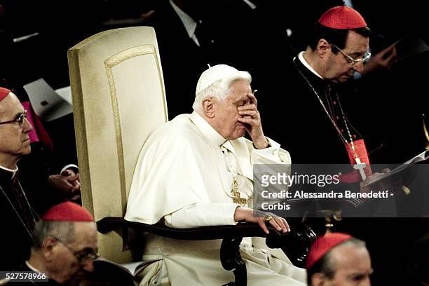 Pope Benedict XVI attends a concert conducted by Proinnsias O' Duinn and performed by RTE' concert Dublin Orchestra in occasion of the 80th...