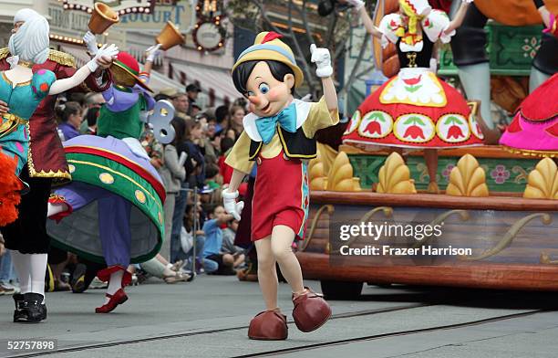 Pinocchio takes part in the "Walt Disney's Parade of Dreams" during the Disneyland 50th Anniversary Celebration at Disneyland Park on May 4, 2005 in...