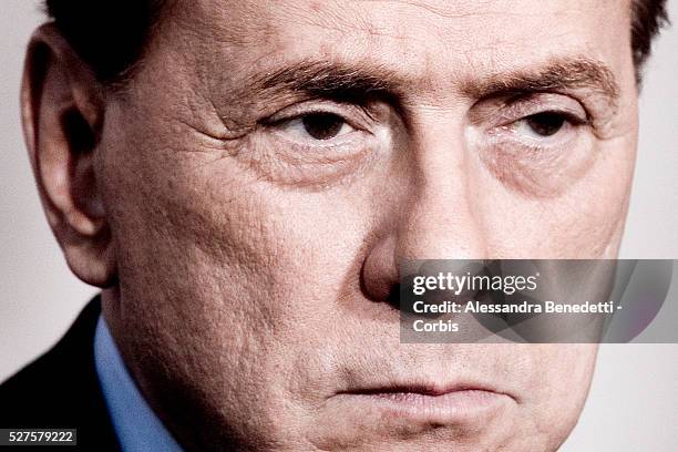 Italy's Prime Minister Silvio Berlusconi attends a joint press conference with British Prime Minister Gordon Brown after a meeting at Villa Madama.