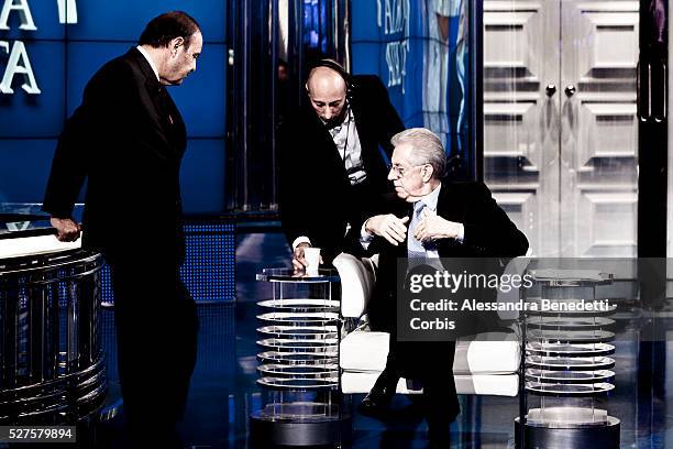 Italian Prime Minister Mario Monti attends the 'Porta a Porta' television debate show on December 6, 2011 in Rome. Monti is invited as the guest of...