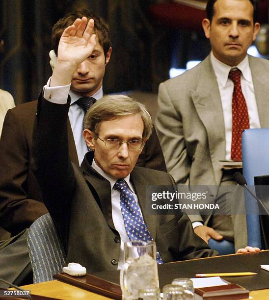 France's deputy ambassador to the United Nations Michel Duclos votes for a resolution 04 May 2005 in the UN Security Council in New York approving a...