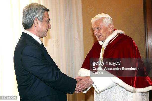 Pope Benedict XVI meets with President of Armenia Serzh Sargsyan at his private library on December 12, 2011 in Vatican City, Vatican.Photo: Vatican...