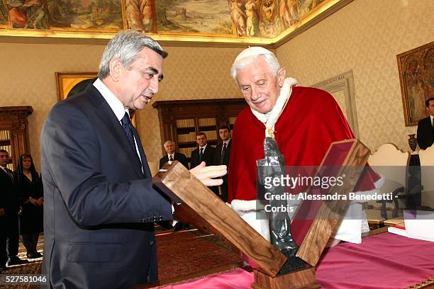 Pope Benedict XVI meets with President of Armenia Serzh Sargsyan at his private library on December 12, 2011 in Vatican City, Vatican.Photo: Vatican...