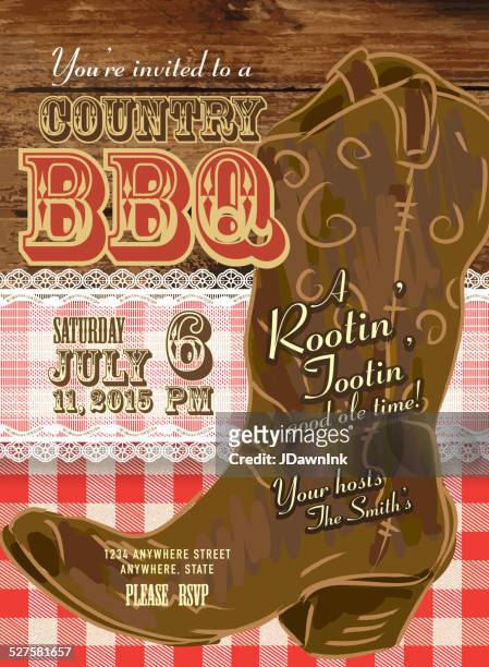 country and western bbq with cowboy boot invitation design template - cowhide stock illustrations