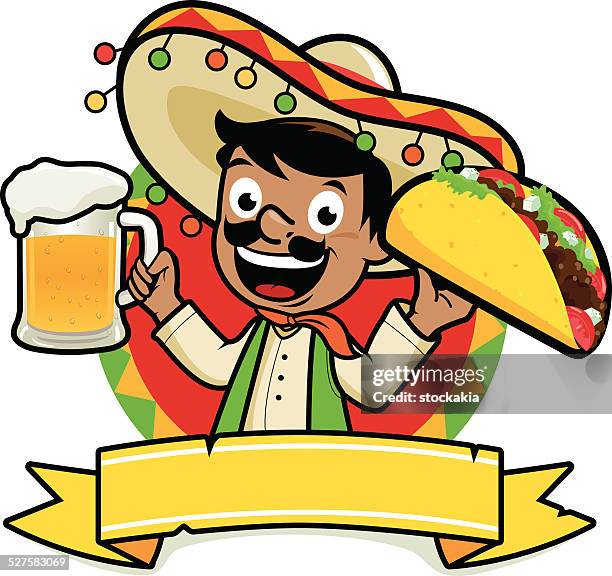 mexican holding a cold beer and a taco - mexican restaurant stock illustrations