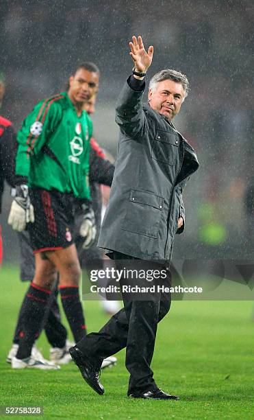 Carlo Ancelotti the Milan coach celebrates after the final whistle during the UEFA Champions League Semi Final, 2nd Leg match between PSV Eindhoven...