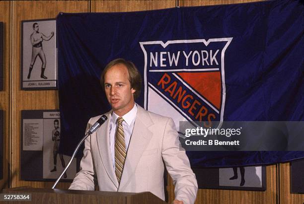 American hockey player and coach Craig Patrick, general manager of the New York Rangers druing a press conference, June 1981. In 1981 Patrick became...