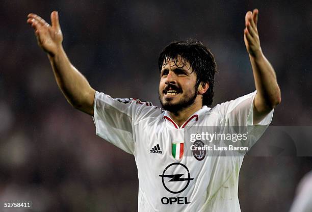Gennaro Gattuso of Milan celebrates the goal that took them to the final during the champions league semi final second Leg match between PSV...