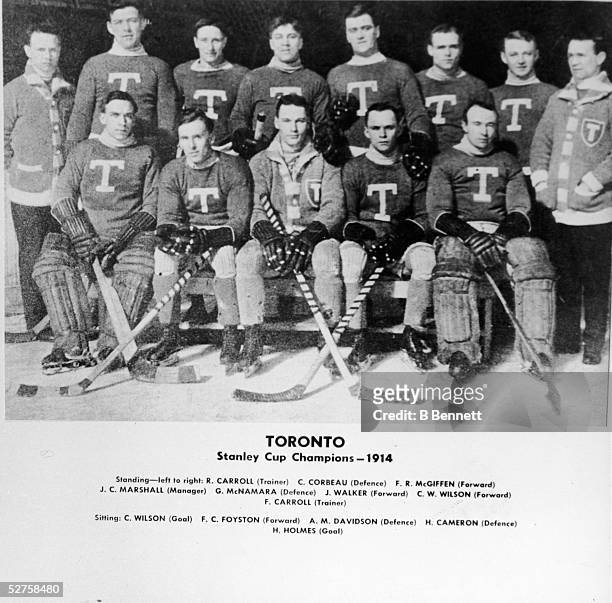 Group portrait of the Canadian hockey team and Stanley Cup Champions the Toronto Blueshirts, 1914. Standing from left is Canadian trainer R. Carroll,...