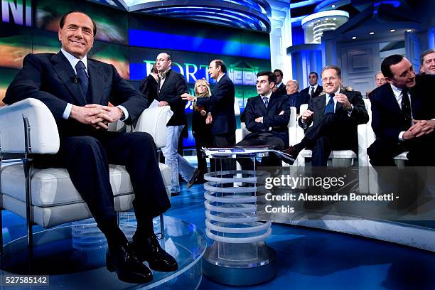 Italian Prime Minister Silvio Berlusconi prepares for a political talk show in the studio of Italian television channel RAI. The Italian leader made...