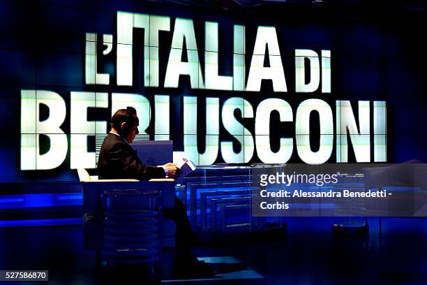 Italian Prime Minister Silvio Berlusconi concentrates before the taping of the politics talk show "Porta a Porta" in Rome. After a one-week-long...