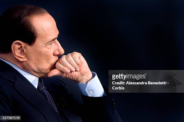 Italian Premier Silvio Berlusconi attends the taping of Italian politics show "Porta A Porta". After a week-long dispute, Berlusconi accepted the...