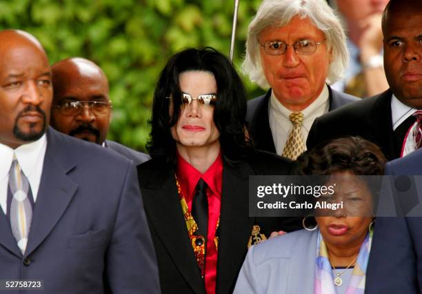 Singer Michael Jackson , his mother Katherine Jackson and lead defense attorney Thomas Mesereau Jr. Depart the Santa Barbara County courthouse...