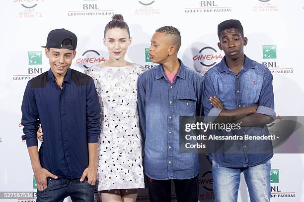 Director Stephen Daldry, actors Gabriel Weinstein, Rooney Mara, Eduardo Luis and Rickson Tevez attend 'Trash' Photocall during The 9th Rome Film...