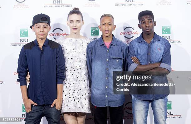 Director Stephen Daldry, actors Gabriel Weinstein, Rooney Mara, Eduardo Luis and Rickson Tevez attend 'Trash' Photocall during The 9th Rome Film...