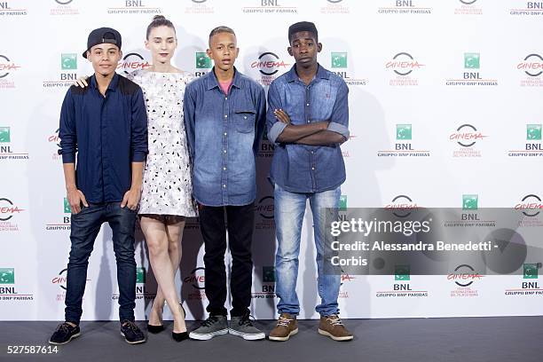 Director Stephen Daldry, actors Gabriel Weinstein, Rooney Mara, Eduardo Luis and Rickson Tevez attend 'Trash' Photocall during The 9th Rome Film...