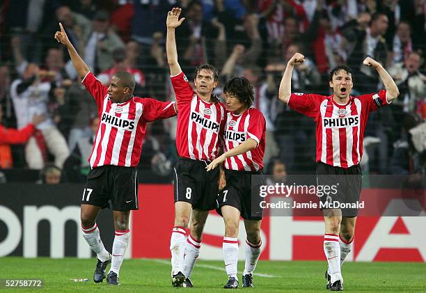 May 4: Phillip Cocu of PSV celebrates his goal with teammates during the UEFA Champions League semi-final, second leg match between PSV Eindhoven and...