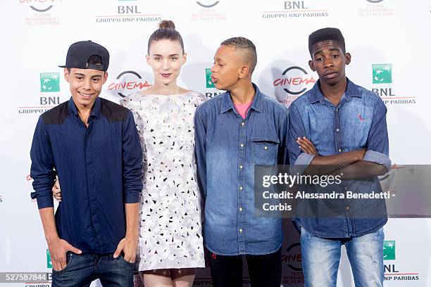 Director Stephen Daldry, actors Gabriel Weinstein, Rooney Mara, Eduardo Luis and Rickson Tevez attend 'Trash' Photocall during The 9th Rome Film...