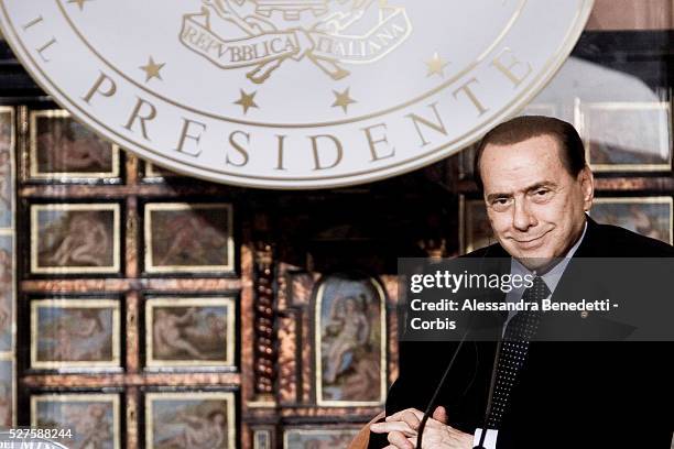 Italy's Prime Minister Silvio Berlusconi at Villa Madama during a joint press conference with Leader of Libya Muammar Al Gaddafi.Gaddafi is making...