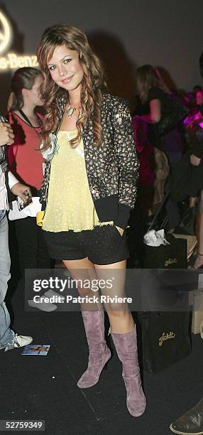 Singer and actress Tammin Sursok attends the Charlie Brown fashion parade at the Overseas Passenger Terminal during the Mercedes Australian Fashion...