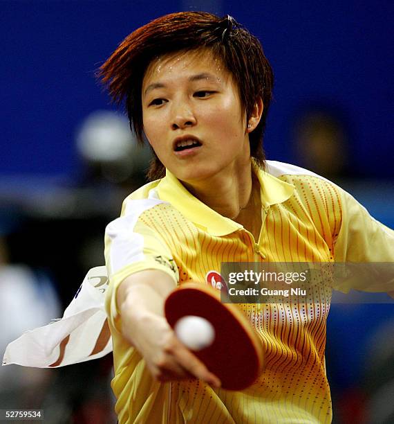 Lin Ling of Hong Kong returns a shot during the semi-final of women's singles match against Zhang Yining of China in the 48th World Table Tennis...